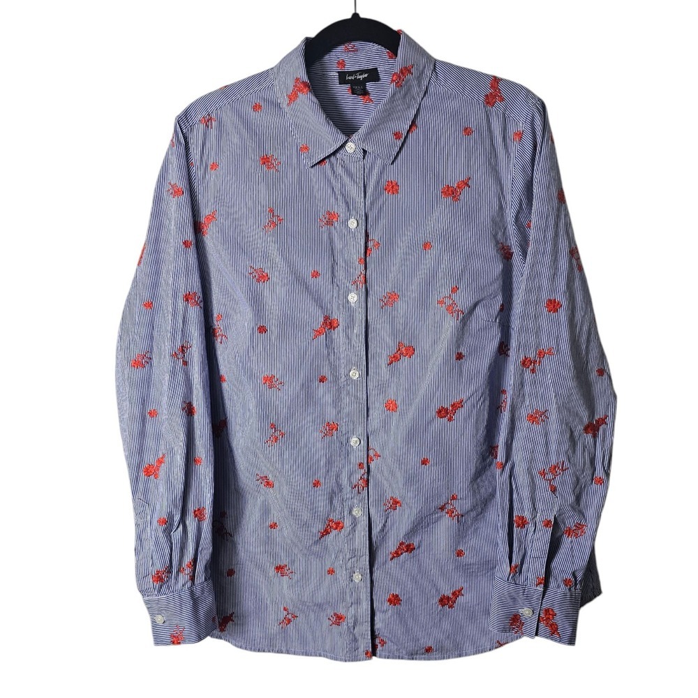 Lord & Taylor XL Blue Striped‎ Button Up Shirt Floral Embroidery Long Sleeve